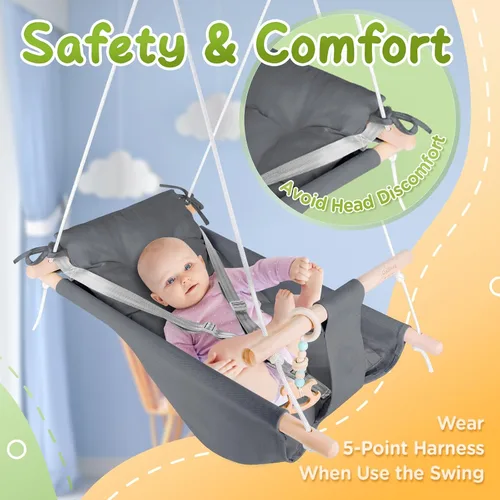 Miniatura 3 de Columpio para bebé interior y exterior, hamaca de lona para bebé a niño pequeño con asiento cómodo, juguete de madera Macaroon, arnés ajustable de 5