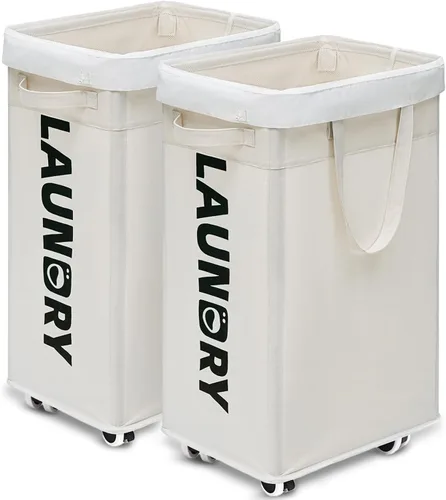 Goodpick Cestas de lavandería con ruedas y asa, paquete de 2 cestas de lavandería plegables de 75L, cesta de lavandería para ropa con bolsas de