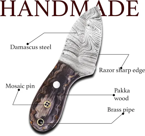 Miniatura 2 de ANCILLA Cuchillo de caza de Damasco hecho a mano EDC para ciervo, hoja fija de espiga completa, mini cuchillo de cuello de vaquero de bolsillo