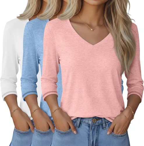 Miniatura 33 de Ficerd Paquete de 3 camisetas de manga 3/4 para mujer, cuello en V, blusas holgadas, blusas casuales, ropa de moda 2026