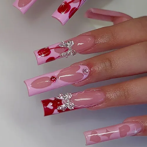 Miniatura 23 de MISUD - Uñas postizas largas cuadradas con pegamento de Rojo Gótico y Negro, diseño cruzado gótico Y2K acrílico, 24 piezas