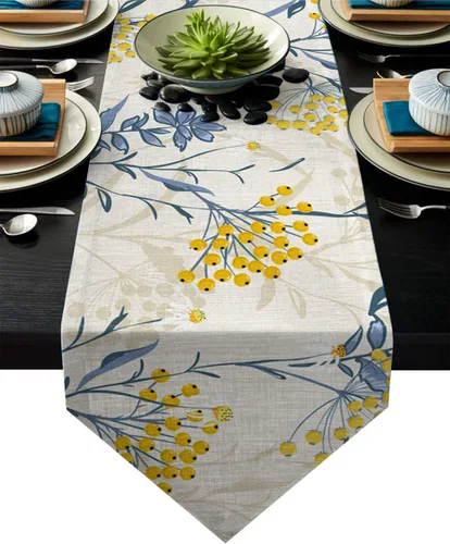 Camino de mesa de arpillera de 90 pulgadas, planta floral vintage, mantel de lino de algodón para bodas, comedor, fiestas, vacaciones, tocador,
