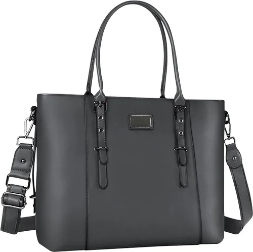 MOSISO Bolso de mano de piel sintética para laptop para mujer (17-17.3 pulgadas), impermeable de gran capacidad, maletín de trabajo de negocios, Gris