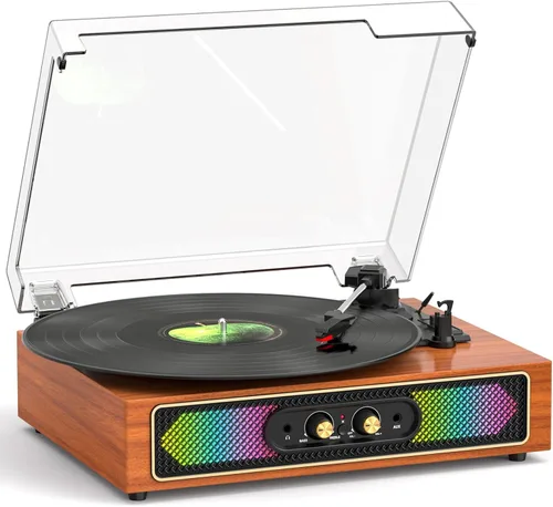 Miniatura 16 de Tocadiscos retro Bluetooth con altavoces integrados, tocadiscos de 3 velocidades por correa, control de graves y agudos, reproductor de vinilo Negro