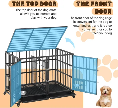 Miniatura 4 de 42-Inch Escape-Proof Dog Crate, Indestructible Steel Dog Kennel with Locking Wheels, Anxiety Relief Pet Cage for Medium/Large Dogs, Indoor/Outdoor