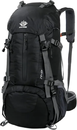 WoneNice Mochila de senderismo impermeable de 50L (45+5) - Mochila deportiva al aire libre con cubierta de lluvia Negro