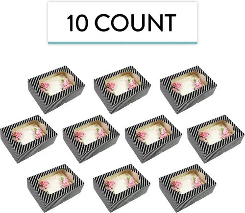 Miniatura 3 de Global Sugar Art Caja para pastel de 10 hojas con ventana, resistente, autoemergente (14 x 10 x 4 pulgadas, rayas blancas y negras)