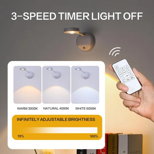 Miniatura 3 de XPESUVC Lámpara de pared con sensor de movimiento, foco LED recargable, lámpara de lectura de mesita de noche de rotación flexible con 3 Blanco