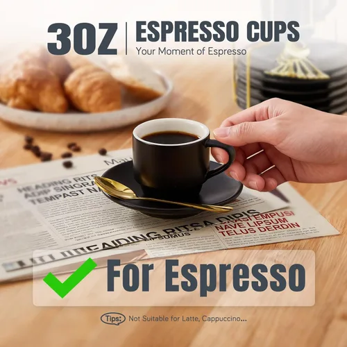 Miniatura 2 de Lareina Tazas de Espresso de Porcelana de 3 Onzas, Juego de 6, Pequeñas Tazas de Café Apilables con Platillos, Cucharas y Soporte de Metal - Tazas