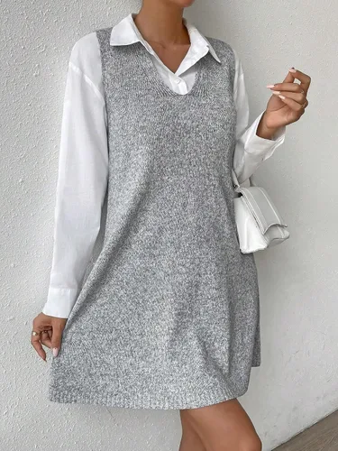 Miniatura 5 de SHENHE Vestido tipo suéter de punto largo con cuello en V y ajuste holgado para mujer