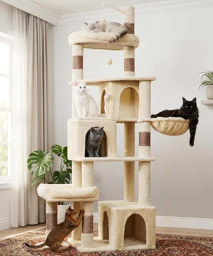 PMT04BW - Árbol resistente para gatos de interior, torre para gatos de 74 pulgadas con poste rascador, cesta colgante, condominio para gatos con