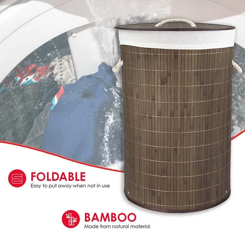 Miniatura 4 de Home Basics Cesta plegable de bambú para lavandería (redonda, marrón)