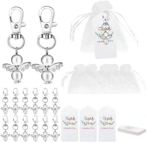 50 llaveros de ángel con etiquetas de papel kraft de agradecimiento y bolsas de regalo con cordón, recuerdos de devolución de invitados para baby