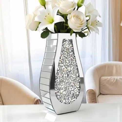 ALLARTONLY Florero de cristal plateado con espejo de diamante triturado, jarrón de espejo decorativo de gran tamaño para decoración del hogar. En