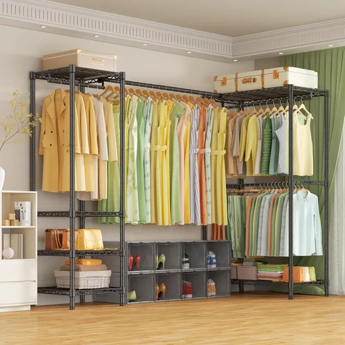 Miniatura 8 de ULIFHOME E10L - Perchero en forma de L para esquina (con barra de suspensión expandible), resistente y independiente para colgar ropa, perchero