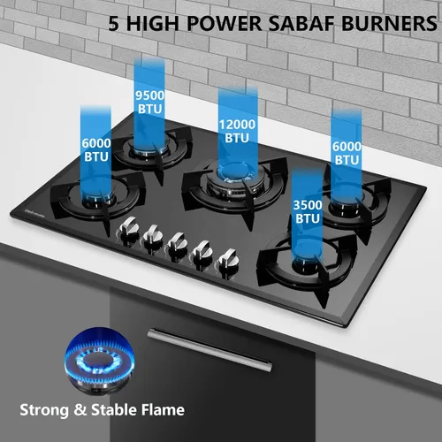 Miniatura 2 de Cocina de gas de 30 pulgadas, estufa de gas de 5 quemadores de vidrio templado incorporada, estufa de gas convertible a GLP/GN, estufa de gas