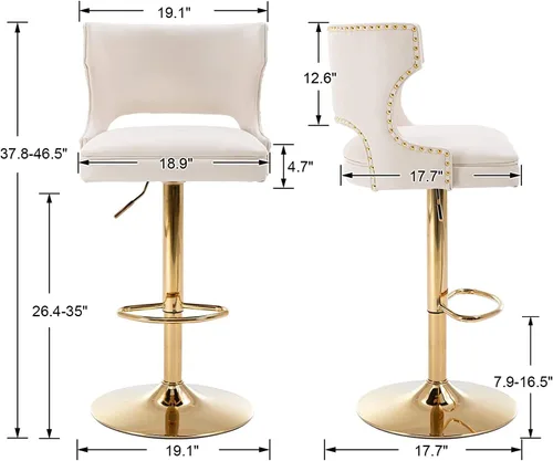 Miniatura 2 de ROCITY Juego de 2 taburetes de bar color beige con respaldo de piel sintética con base dorada, isla de cocina moderna ajustable para comedor, barra