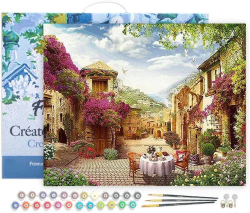 Miniatura 28 de Figured'Art Pintura por números para adultos Desayuno en un pueblo mediterráneo 16"x20" - Kit de pintura de arte artesanal lienzo enrollado sin marco