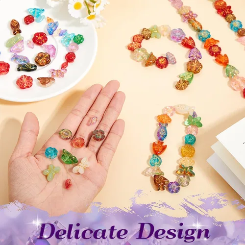 Miniatura 6 de Hicarer 100 cuentas de vidrio surtidas para la fabricación de joyas, colores de lámpara, hongo, pájaro, flor, cuentas sueltas para manualidades
