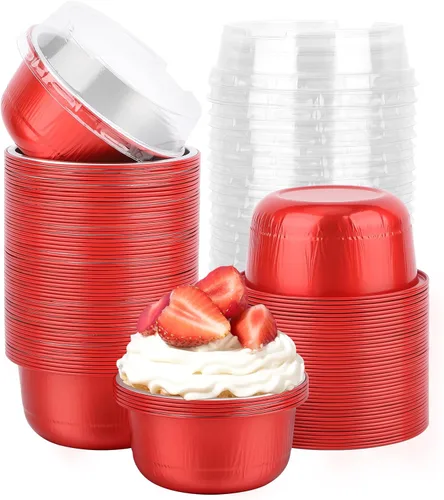 Miniatura 52 de Beasea Ramequines con tapas, 8oz 50 unidades de tazas de aluminio desechables para hornear, tazas de papel de aluminio plateado para creme brulee