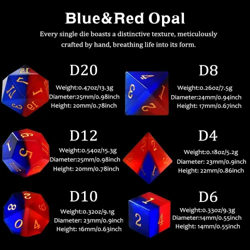 Miniatura 2 de Juego de dados DND de piedras preciosas de ópalo azul y rojo, 7 piezas de dados D&D utilizados en juegos de rol de Calabozos y Dragones