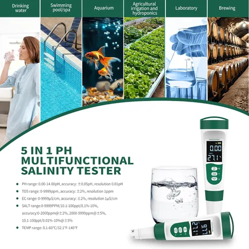 Miniatura 6 de Medidor de pH digital 5 en 1, con función de voz, PH/TDS/EC/Temp/Salt Pool Salt Tester, medidor de pluma impermeable y recargable para piscinas