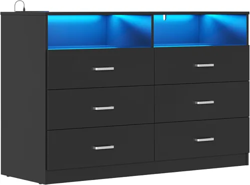 Bigbiglife Cómoda para dormitorio, cómoda de 6 cajones con estación de carga y luz LED, cómoda moderna para dormitorio, sala de estar, color negro