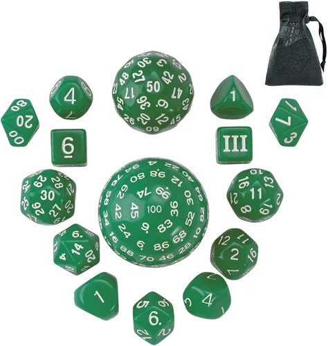 Miniatura 18 de Juego completo de 15 dados poliédricos DND D3-D100 con bolsa de dados de ojo de dragón, dados D100 para juegos de mesa RPG (negro con números azules)