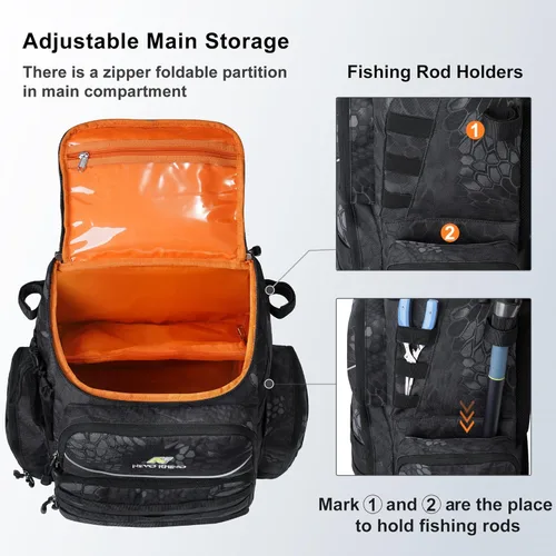 Miniatura 4 de N NEVO RHINO Mochila de aparejos de pesca con soportes para caña, bolsa de pesca grande de 40 L con cubierta impermeable para lluvia, bolsa