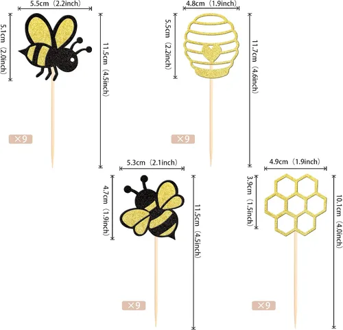 Miniatura 2 de 36 piezas de palillos decorativos para cupcakes de abejorros con corazones de purpurina y panal de abeja, decoraciones de pastel para baby shower