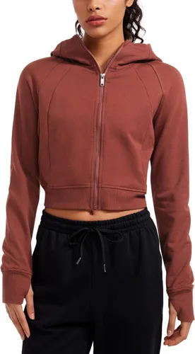 CRZ YOGA Sudadera corta con capucha de forro polar con cremallera para mujer, para entrenamiento, atlética, casual, manga larga, con agujeros para