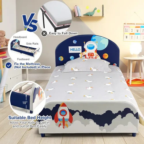 Miniatura 4 de Costzon Armazones de Cama Individual para Niños, Plataforma de Cama Individual Tapizada de Madera con Soporte de Listones, Cabecera y Pie de Cama