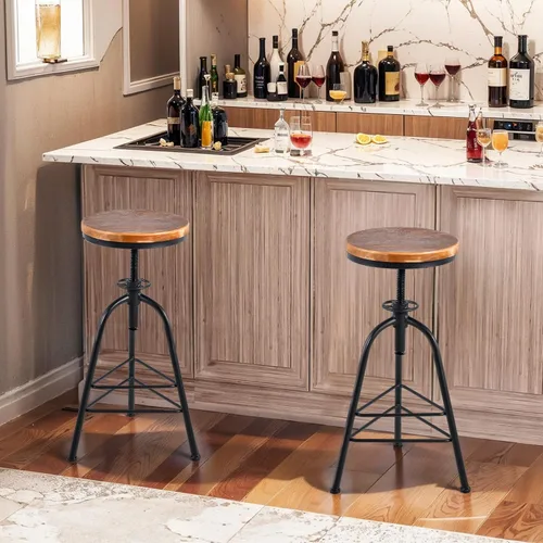 Topower Taburete de bar de altura ajustable de metal de diseño industrial antiguo, silla de desayuno de comedor de cocina, taburete de madera para