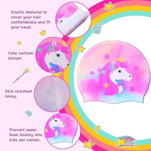 Miniatura 4 de Syhood Gorras de natación para niños, 3 unidades, impermeables, gorro de natación de dibujos animados para cabello largo y corto, para niños y niñas
