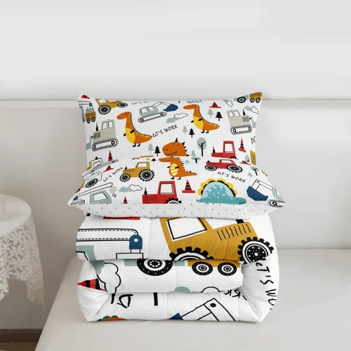 Miniatura 3 de Feelyou Juego de ropa de cama de construcción para niños, tamaño queen, niños, dinosaurios de dibujos animados, juego de funda de edredón para Multi