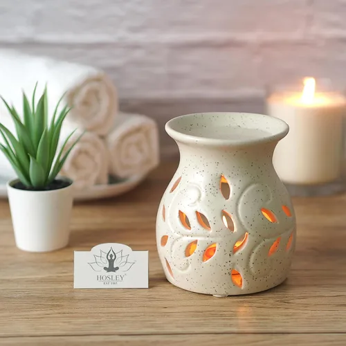 Miniatura 2 de Hosley Elegantes calentadores de aceite de cerámica con patrón de hojas y diseño moteado de 4.5 pulgadas de alto, compatible con aromaterapia