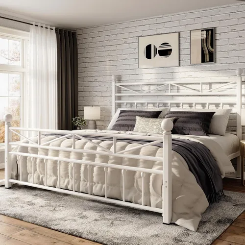 Miniatura 12 de EnHomee Base de cama de plataforma de metal tamaño Queen, cabecero alto de 54" y luces LED, cabecero y piecero vintage victoriano, almacenamiento