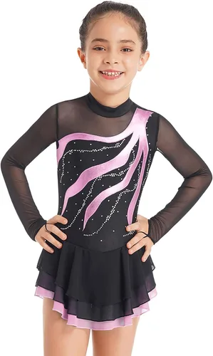 Miniatura 18 de Loyan Vestido de patinaje artístico brillante para niñas y niñas, de malla, de manga larga, patinaje sobre ruedas, competición de baile