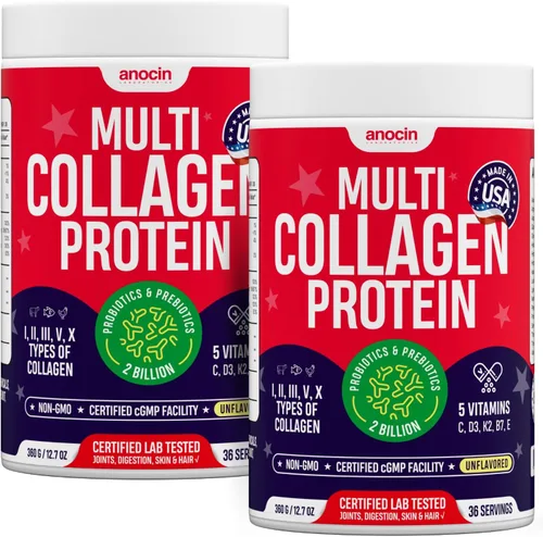 Miniatura 9 de anocin Péptidos de colágeno múltiple con prebióticos + probióticos + tipo I, II, III, V, X + polvo de colágeno hidrolizado con vitamina C+D3+B7+K2+E