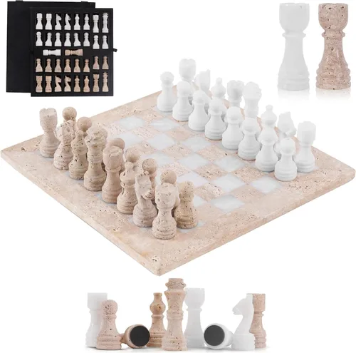 Miniatura 10 de Juego de ajedrez de mármol para adultos de 12 pulgadas, hecho a mano, juegos de ajedrez negro y travertino con caja de almacenamiento, juego