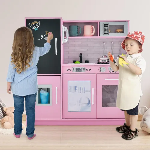 Miniatura 8 de HONEY JOY Set de cocina de madera de juguete para niños, juego de simulación de pequeño chef con pizarra, teléfono, utensilios, horno, microondas