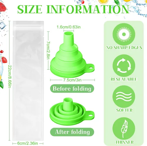 Miniatura 4 de Hoolerry 600 bolsas desechables para moldes de hielo con 1 embudo de silicona para congelar tubos con cierre de cremallera, molde de hielo