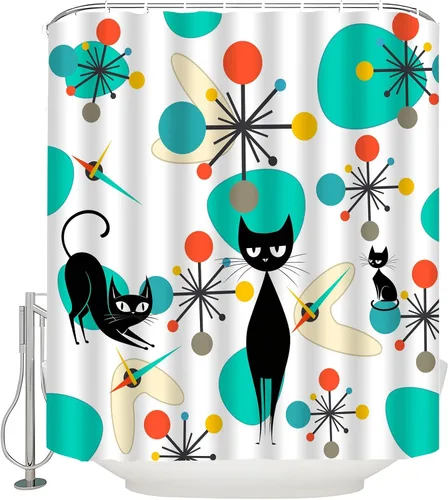 Miniatura 9 de Cortina de ducha de gato negro de mediados de siglo, moderna atómica, abstracta, geométrica, icónico, patrón retro de gatito negro de los años 50