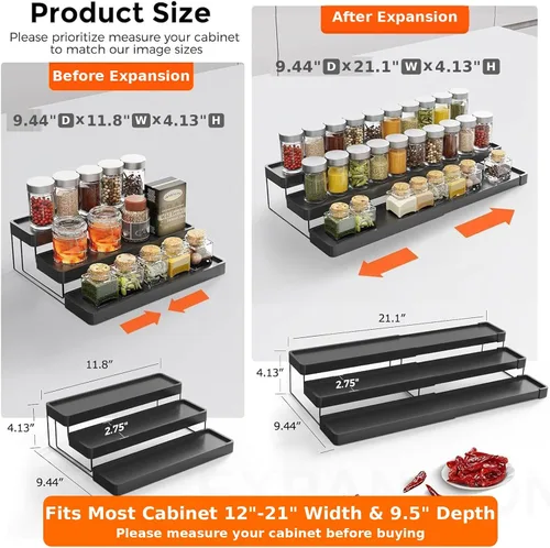 Miniatura 2 de Organizador de especias expandible – Organizador de especias ajustable de 3 niveles para gabinete y encimera – Fácil visibilidad – Negro
