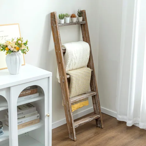 Miniatura 6 de MyGift Escalera grande de madera encalada para manta, estilo granja, toallero inclinado de pared con 5 peldaños (blanco vintage)