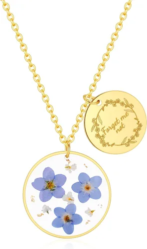 Miniatura 84 de Forget-Me-Not and Queen Anne's Lace Pressed Wildflower Necklace Birth Month Real Flower Necklace Gold/Silver Pressed Flower Jewelry