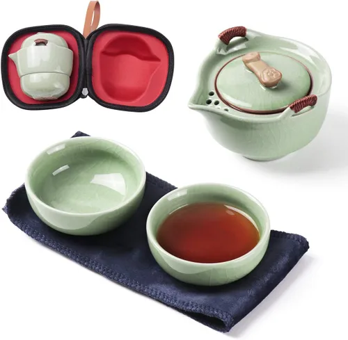 Juego de tetera de cerámica de viaje, tetera china de kung fu, 1 tetera 2 mini tazas de té de porcelana gongfu con infusor, bolsa portátil, todo en