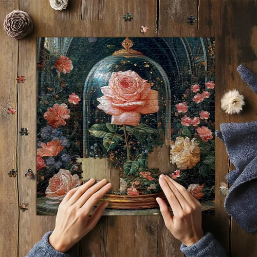 Miniatura 5 de Rompecabezas de flores de rosas para adultos de 1000 piezas, rompecabezas únicos de plantas florales, hermosa rosa en cúpula de cristal