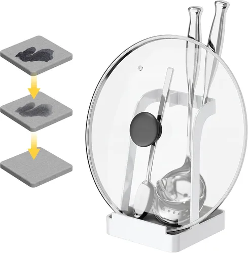 Miniatura 12 de NiHome Soporte para tapa de olla grande y soporte para cuchara con bandeja de goteo extraíble, organizador de encimera de cocina de hierro negro