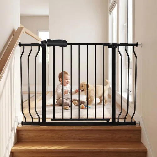 Miniatura 20 de Puerta extra ancha para bebé, puertas de seguridad extra altas para interiores, metal negro, gran montaje a presión, puerta para mascotas, puerta